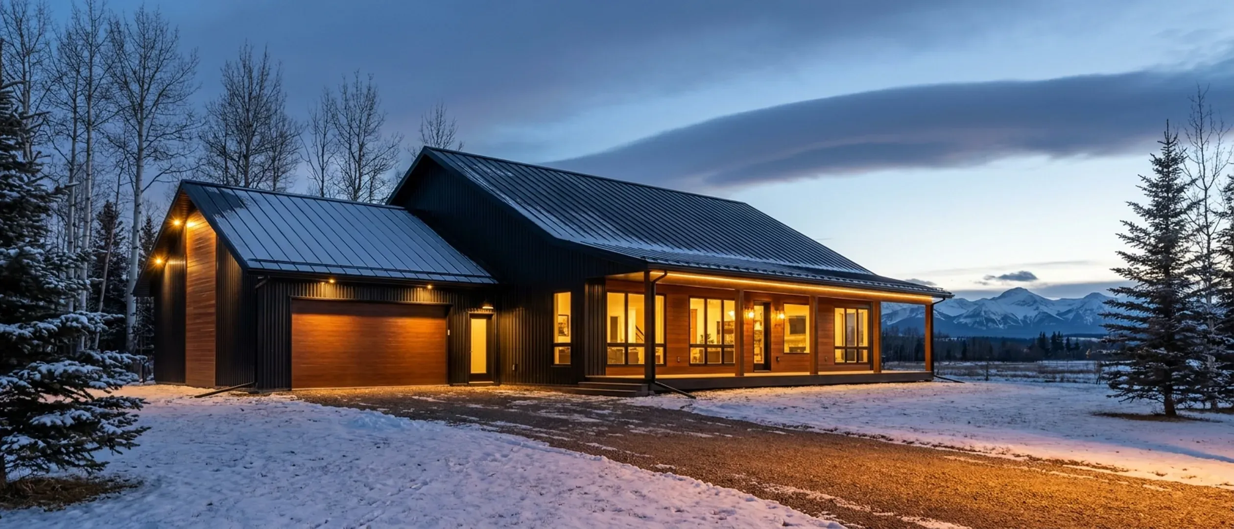 A barndominium at winter dusk with warm light glowing from every window, fresh snow on the ground, spruce trees beside it and snow-capped mountains on the far horizon.