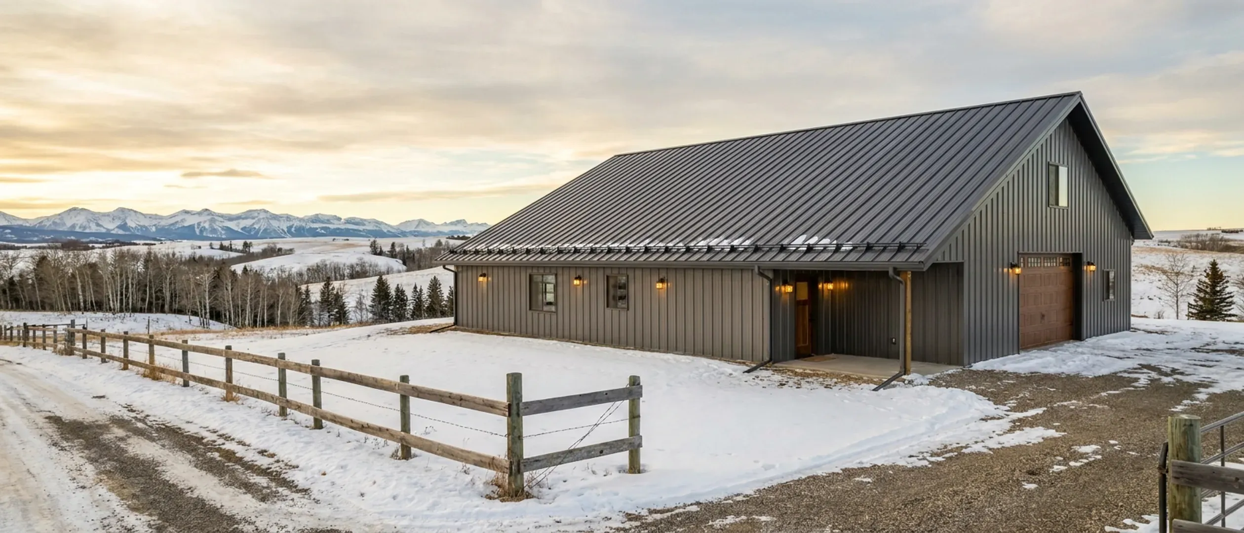 A completed barndominium viewed from a low angle in winter, showing its standing seam metal roof, vertical wall panels, gutters and exterior wall lights. A completed barndominium viewed from a low angle in winter, showing its standing seam metal roof, vertical wall panels, gutters and exterior wall lights.