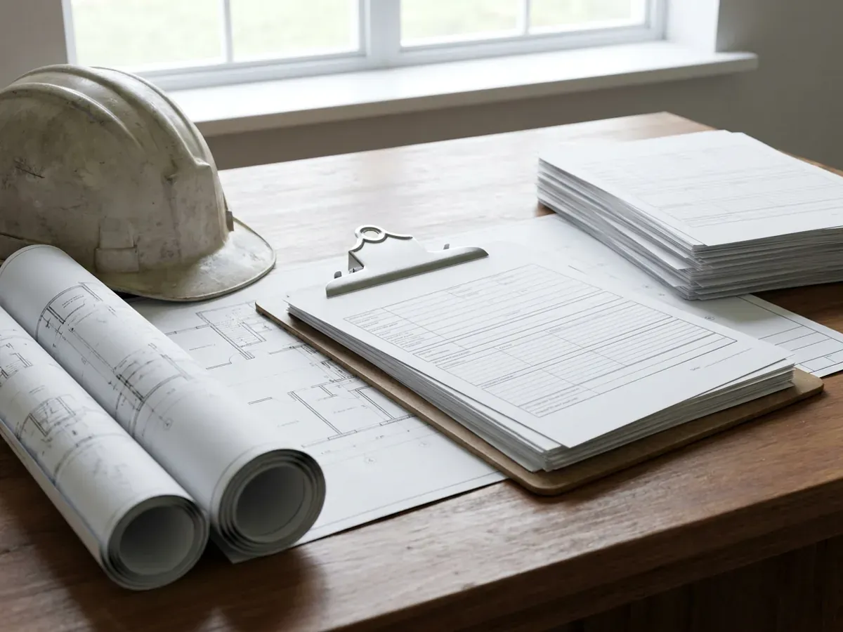 A building permit application package on a desk with rolled construction drawings, forms on a clipboard, and a hard hat.