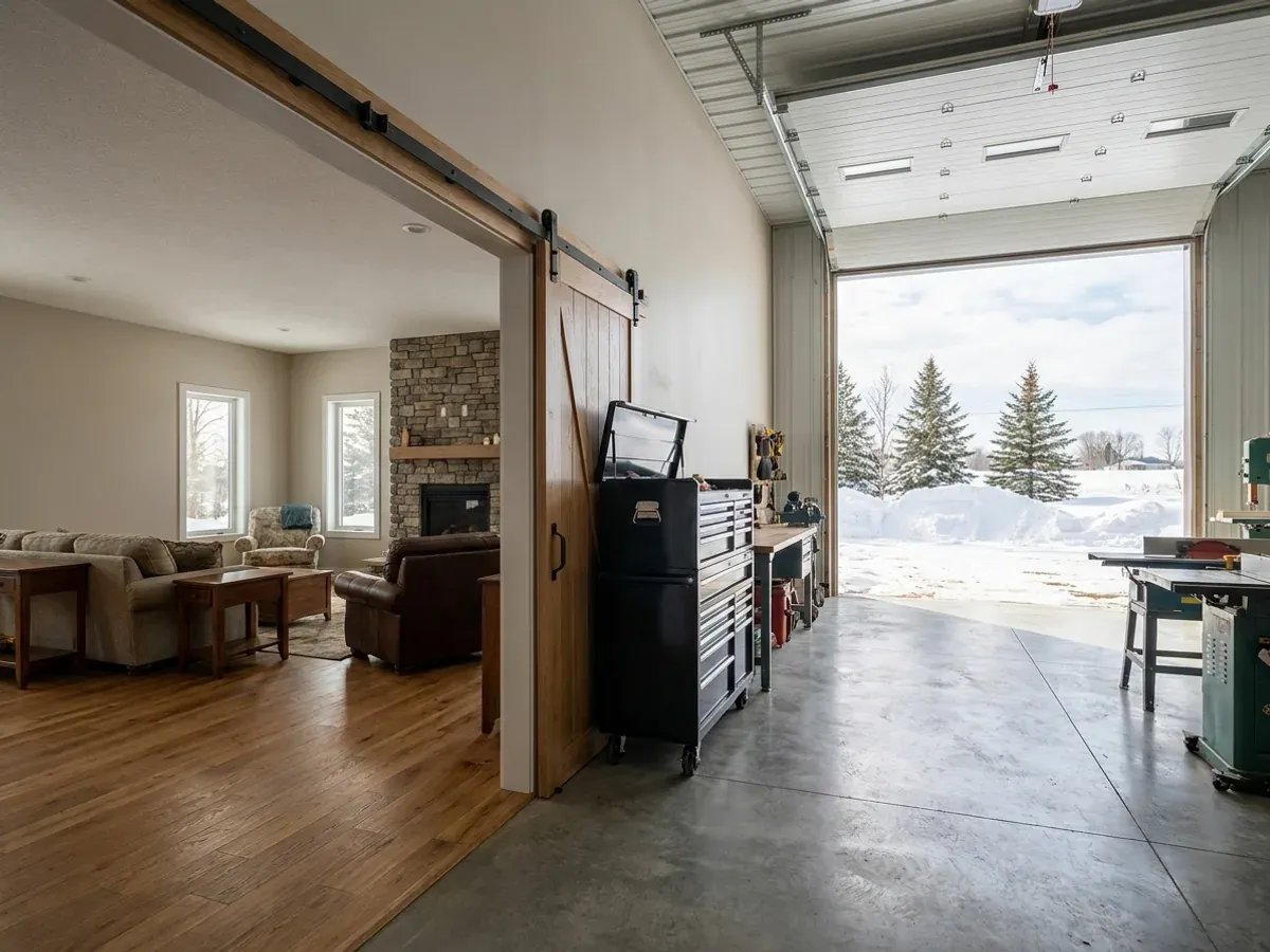 The interior of a shouse where a finished living area with warm flooring meets a shop bay with polished concrete and a tall overhead door open to a snowy yard.