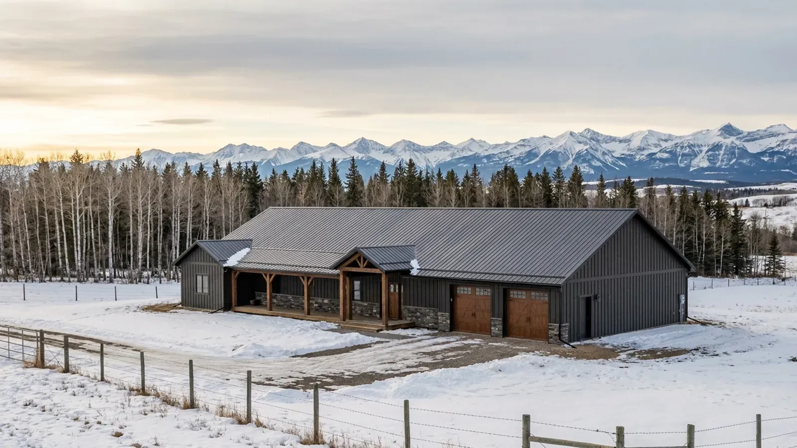 A completed single-story barndominium with a long, low roofline and no upper-level windows, on a snow-covered acreage.