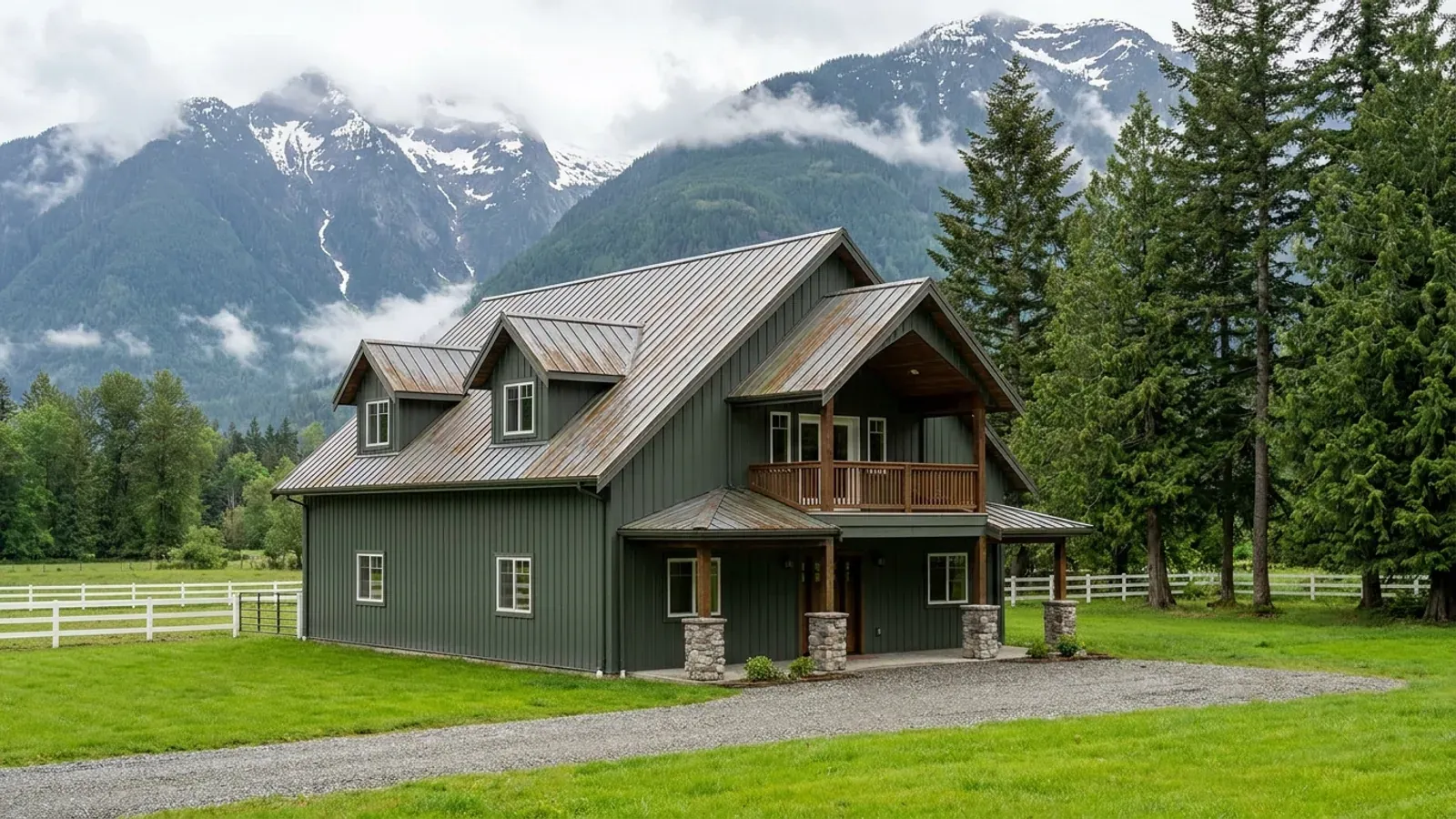 A completed two-story barndominium with visible second-story windows and a small covered balcony above the entry porch, mountains behind.